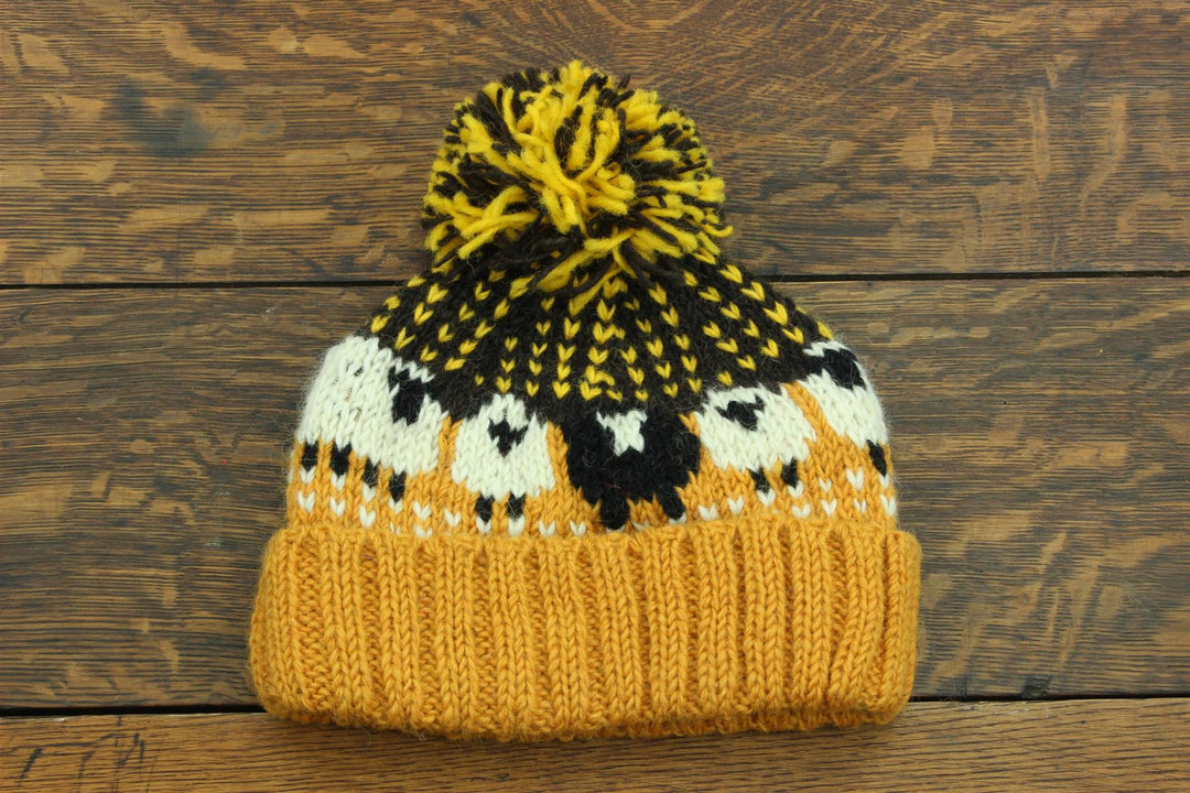 Wool Knit Bobble Beanie Hat - Sheep - Mustard Brown