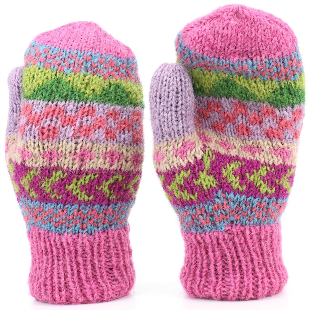 Chunky Wool Knit Mittens - Chevron - Pink