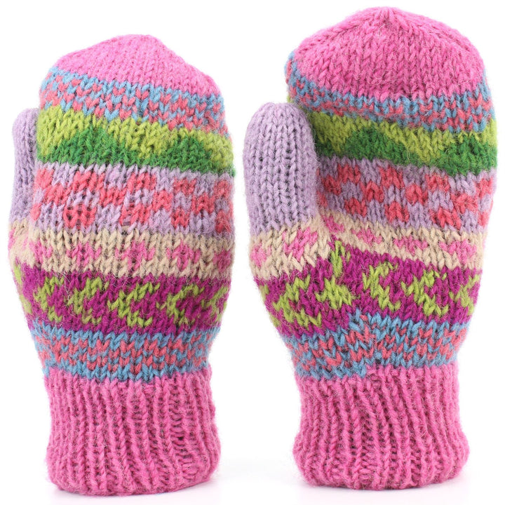 Chunky Wool Knit Mittens - Chevron - Pink