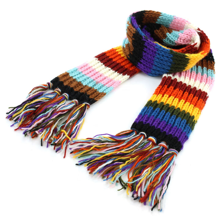 Hand Knitted Wool Scarf - Stripe Progress Rainbow