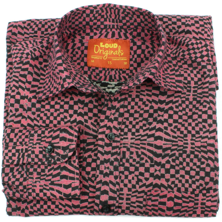 Regular Fit Long Sleeve Shirt - Psychedelic Black & Plum Red