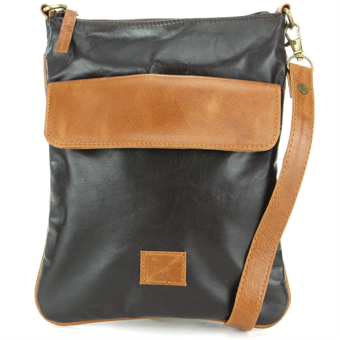 Real Leather Cross Body Messenger Shoulder Bag - Black