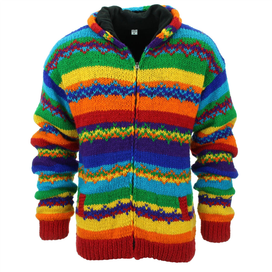 Hand Knitted Wool Hooded Jacket Cardigan - Stripe Rainbow Zig Zag