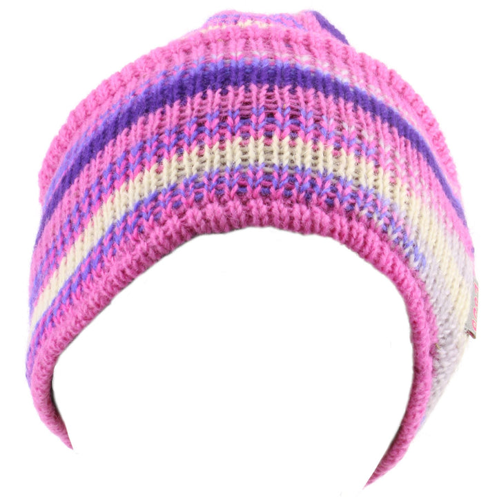 Wool knit ridge beanie hat with fleece lining - Pink & cream