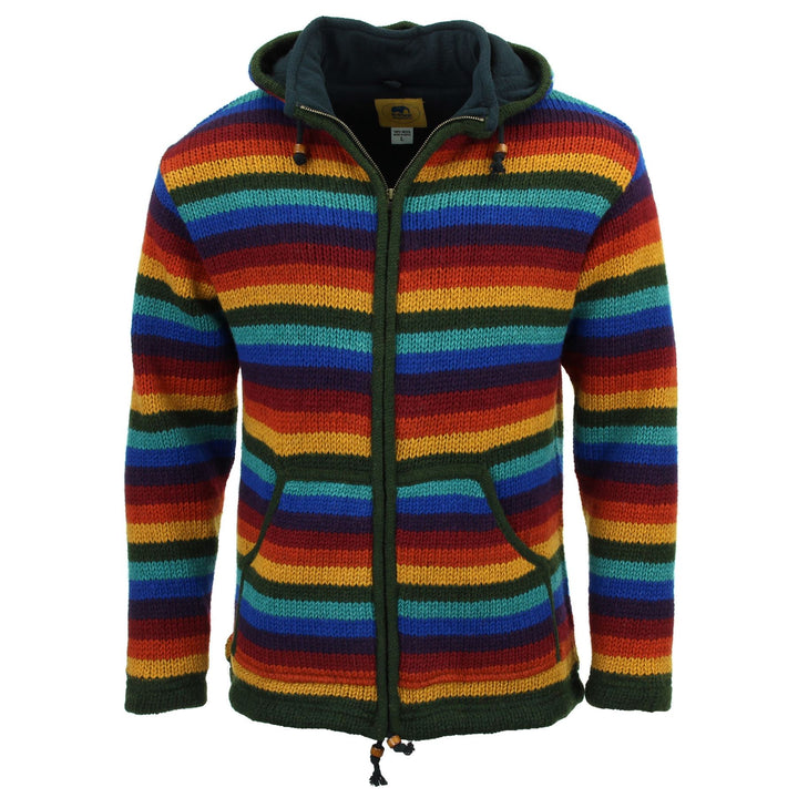 Hand Knitted Wool Hooded Jacket Cardigan - Stripe Dark Rainbow