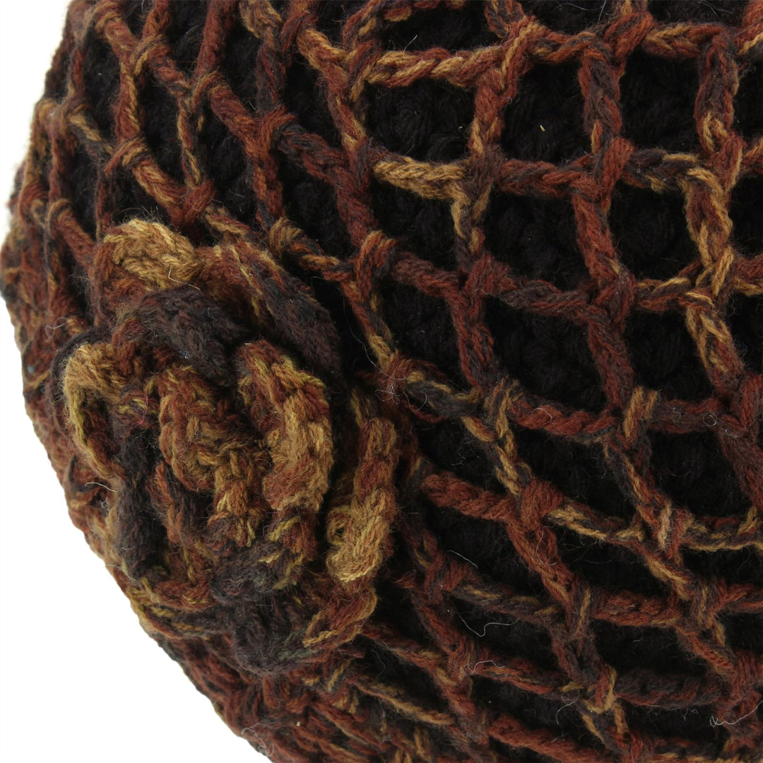 Acrylic Knit Lattice Flower Beanie Hat - Brown