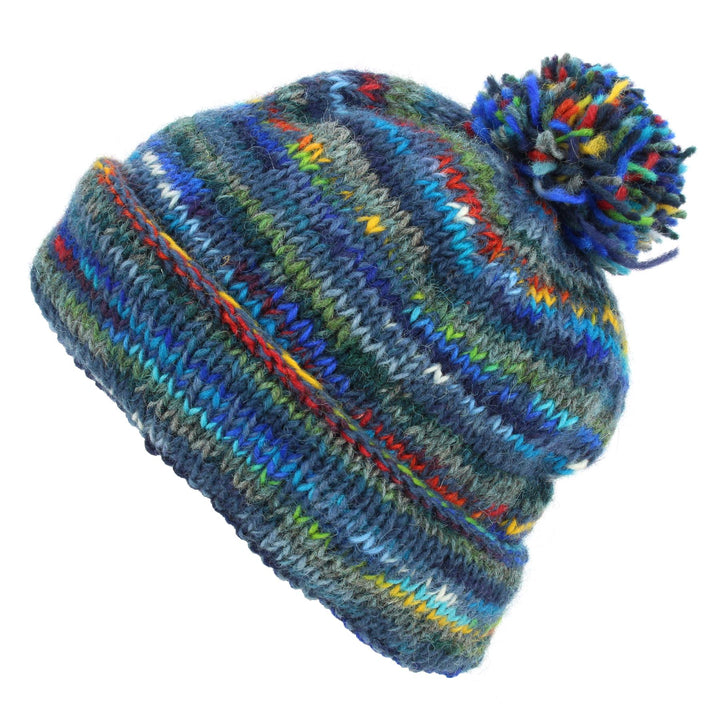 Chunky Wool Knit Beanie Bobble Hat - SD Dark Blue Mix