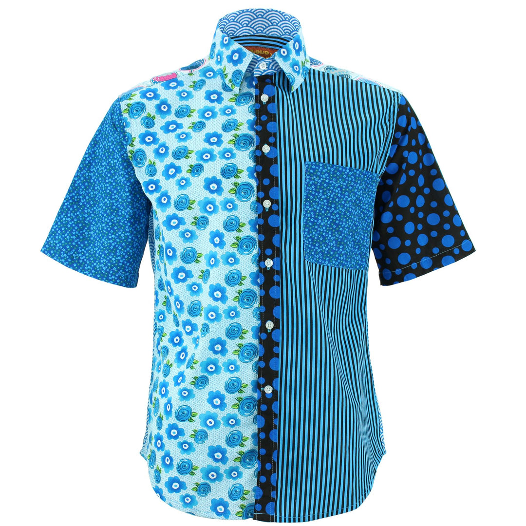 Regular Fit Short Sleeve Shirt - Random Mixed Panel - Blues