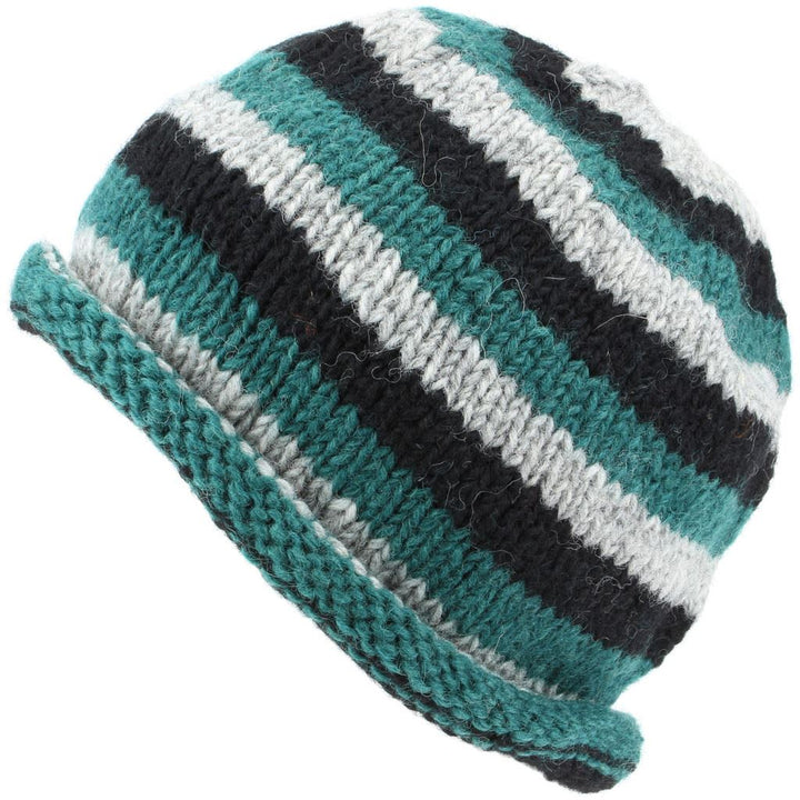 Chunky Wool Knit Beanie Hat with Rolled Brim - Green