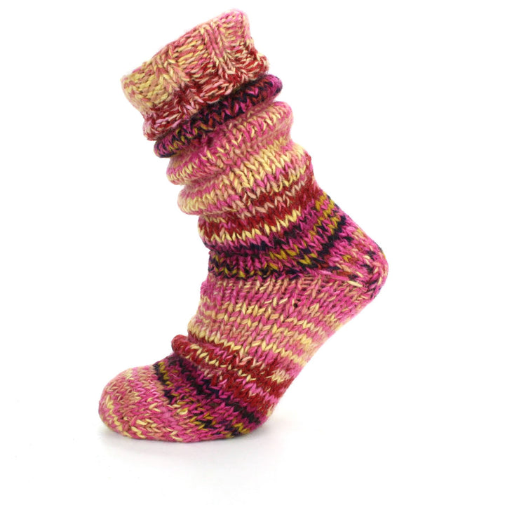 Hand Knitted Wool Slipper Socks Lined - SD Pink Yellow