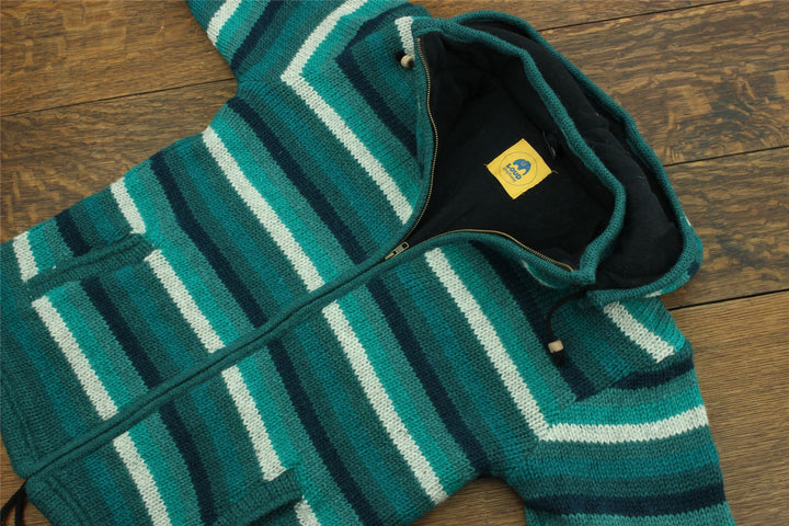 Hand Knitted Wool Hooded Jacket Cardigan - Stripe Teal