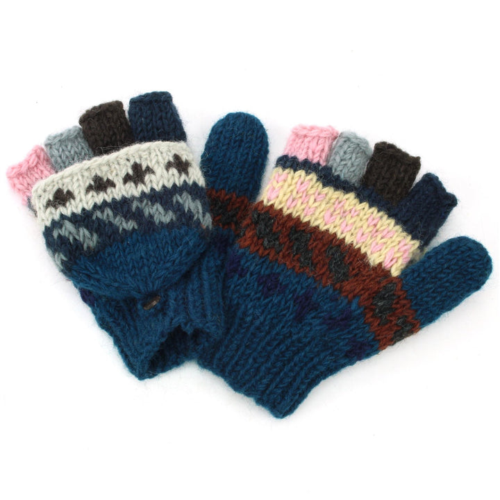 Hand Knitted Wool Shooter Gloves - Stripe Navy Pink Pattern