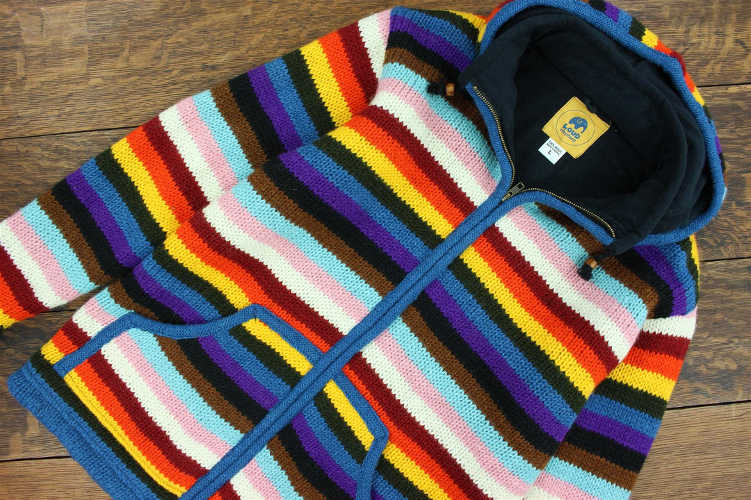 Hand Knitted Wool Hooded Jacket Cardigan - Stripe Progress Rainbow