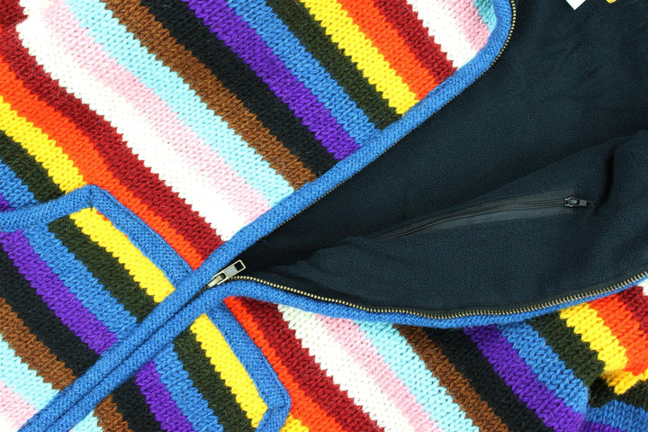 Hand Knitted Wool Hooded Jacket Cardigan - Stripe Progress Rainbow