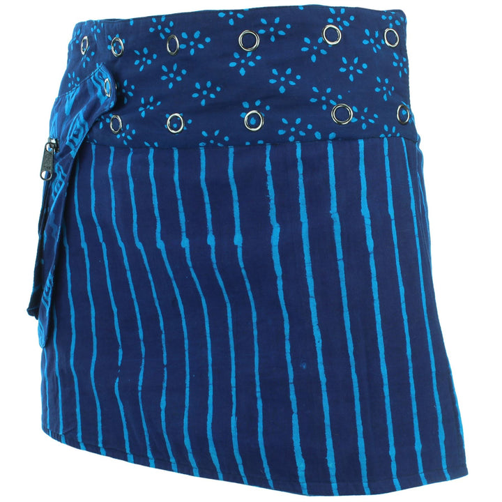 Reversible Popper Wrap Mini Skirt - Indigo Patch Strips / Indigo Stripe