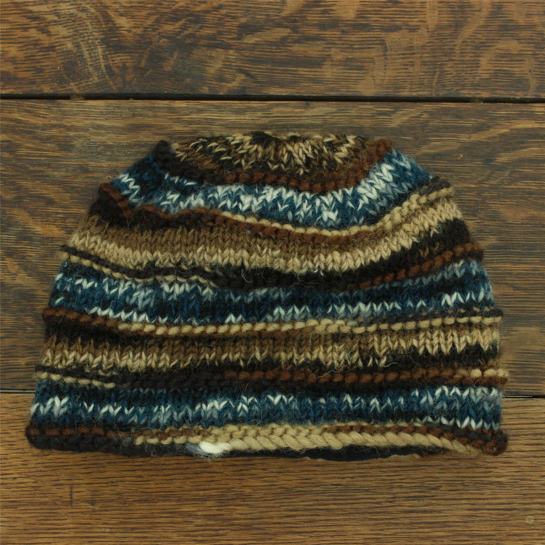 Hand Knitted Wool Beanie Hat - 17 Brown Blue