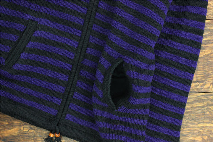 Hand Knitted Wool Hooded Jacket Cardigan - Stripe Purple Black