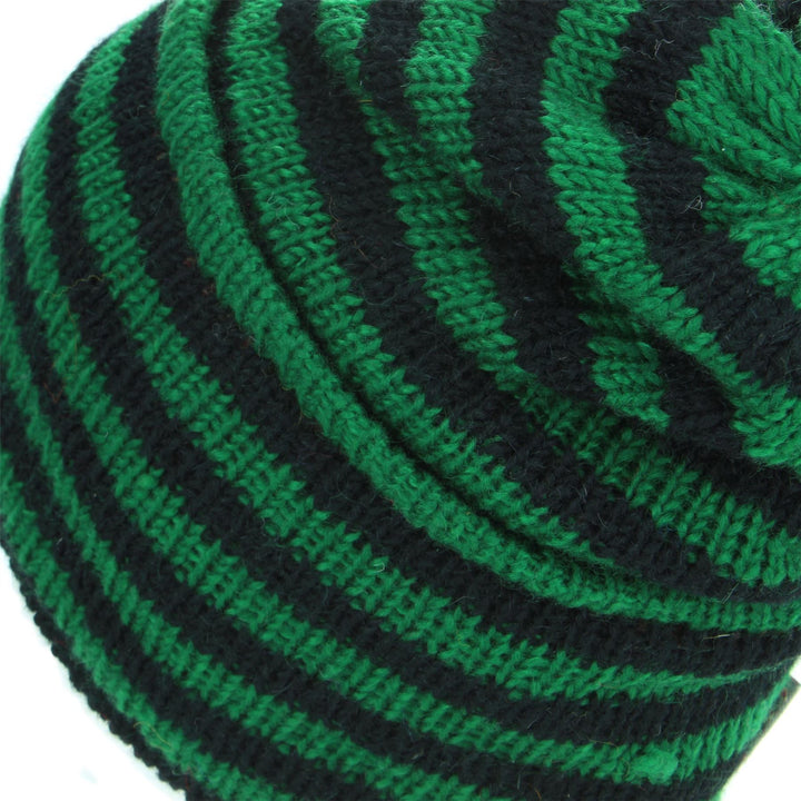 Wool Knit Ridge Beanie Hat with Fleece Lining - Green & Black