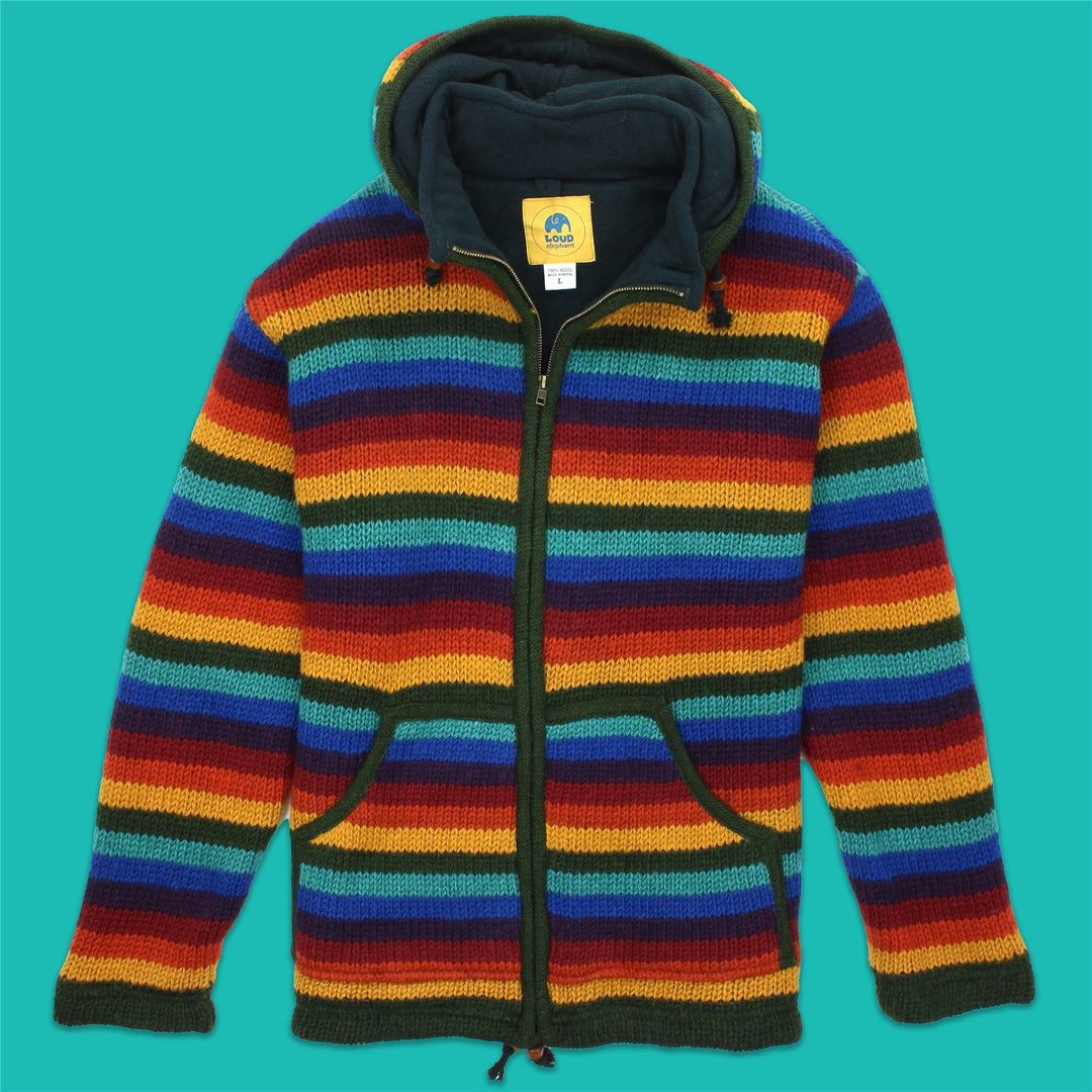 Hand Knitted Wool Hooded Jacket Cardigan - Stripe Dark Rainbow