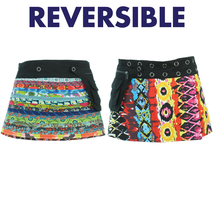 Reversible Popper Wrap Children's Size Mini Skirt - Multi Patch Strips / Psychedelic Snakeskin