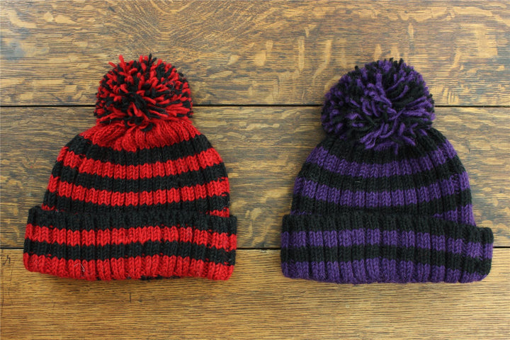 Hand Knitted Wool Beanie Bobble Hat - Stripe Purple Black