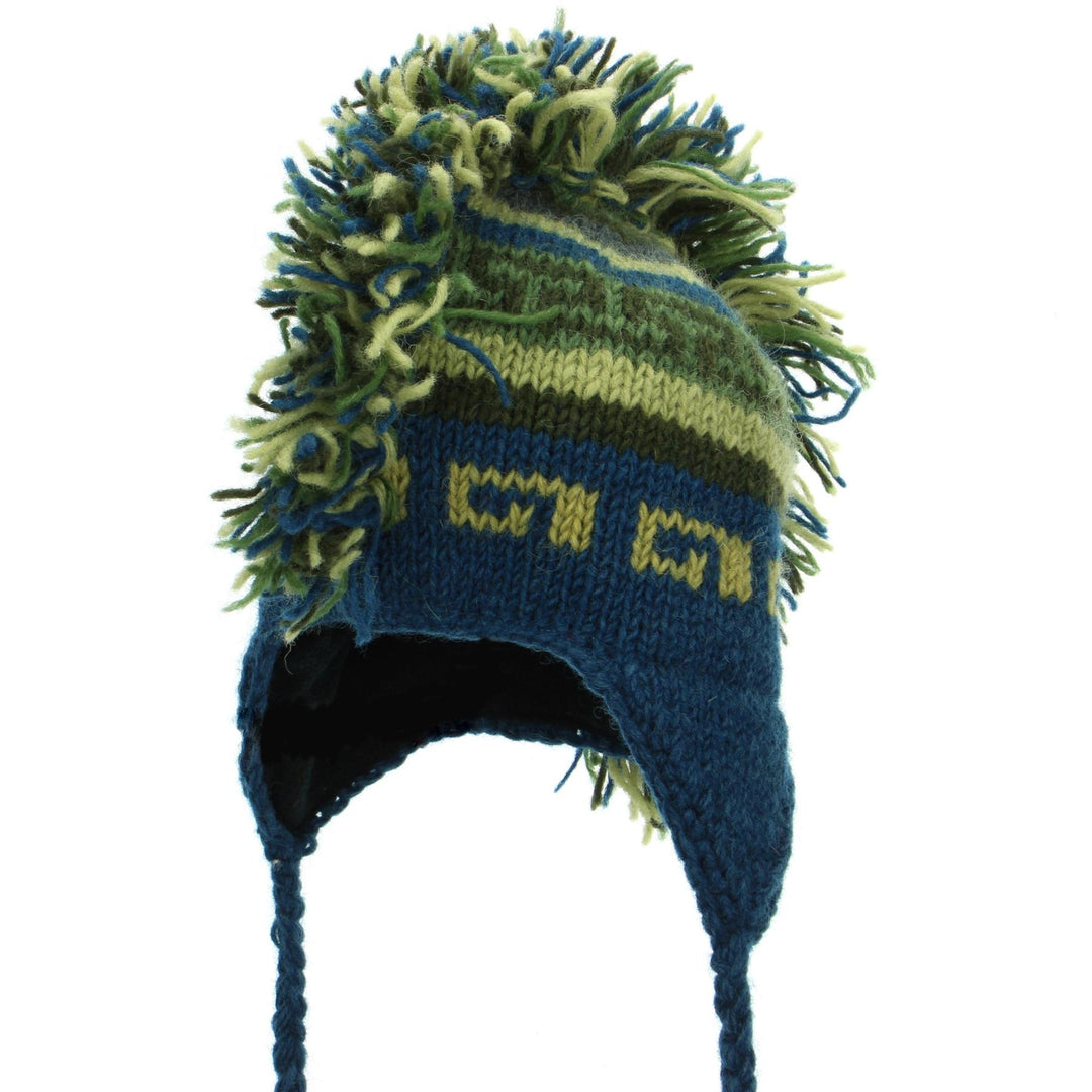 Wool Knit 'Punk' Mohawk Earflap Beanie Hat - Blue & Green (Adult)