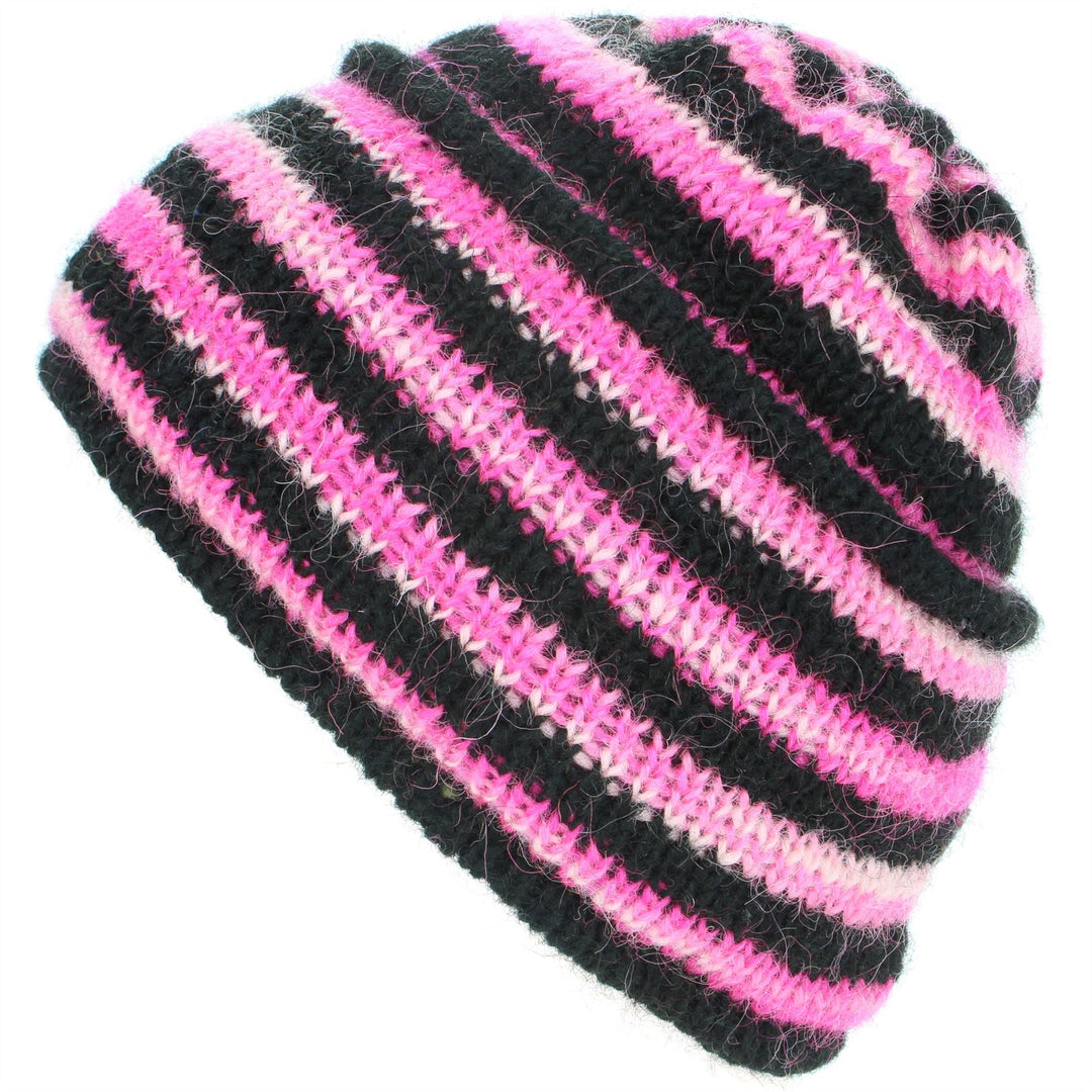 Wool Knit Ridge Beanie Hat with Fleece Lining - Black & Pink Space Dye