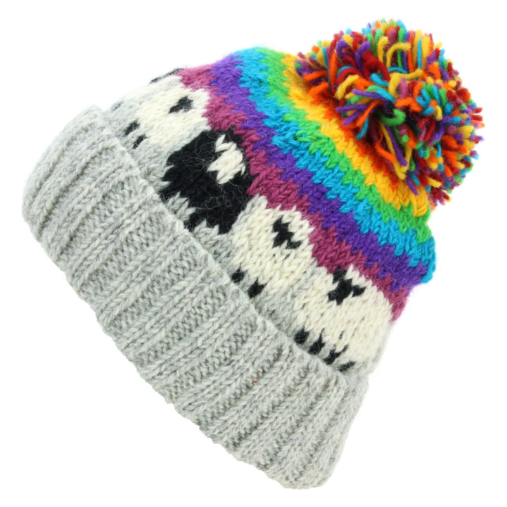 Hand Knitted Wool Beanie Bobble Hat - Sheep - Light Grey Rainbow Stripe