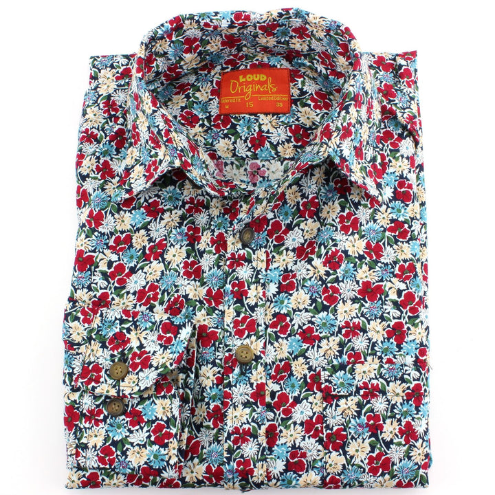 Tailored Fit Long Sleeve Shirt - Small Red & Blue Floral Print