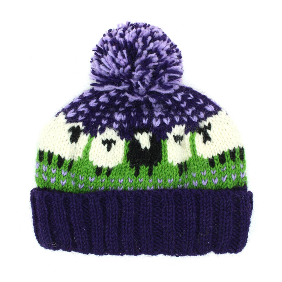 Wool Knit Bobble Beanie Hat - Sheep - Green Purple