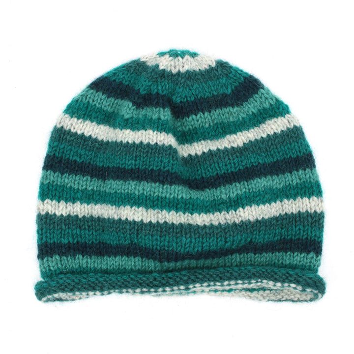 Hand Knitted Wool Beanie Hat - Stripe Teal