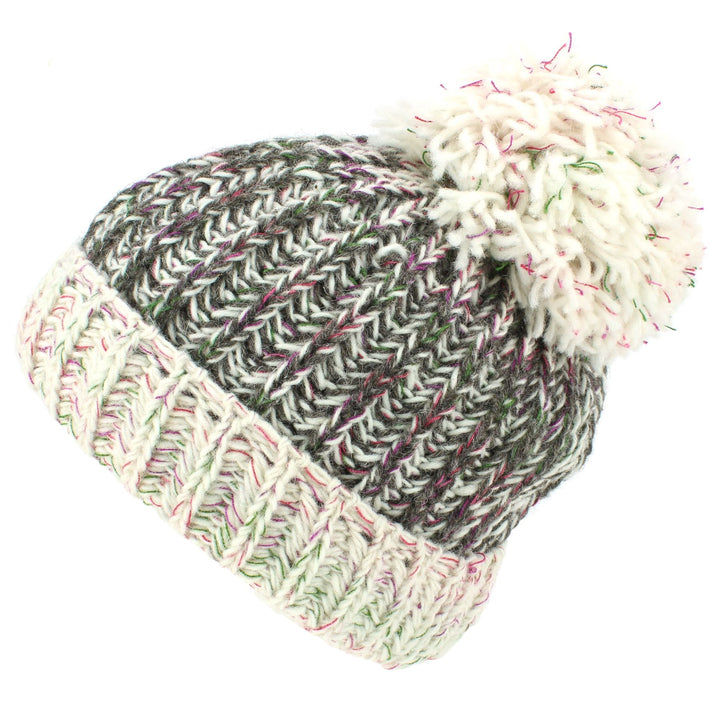 Wool Knit Beanie Bobble Hat - Grey & Cream