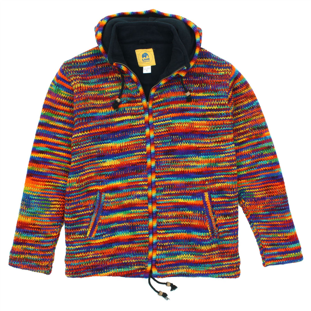 Hand Knitted Wool Hooded Jacket Cardigan - SD Rainbow with Rainbow Trim