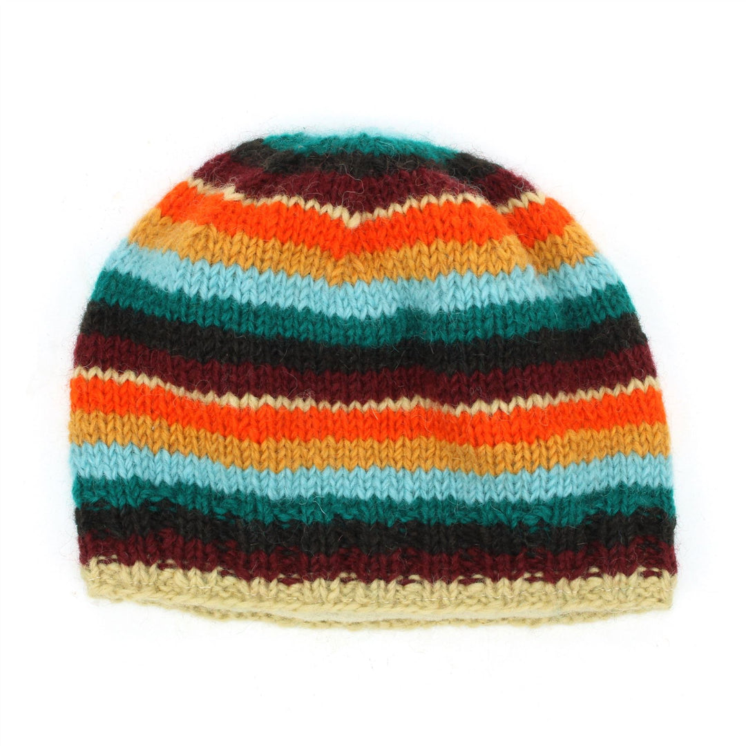 Hand Knitted Wool Beanie Hat - Stripe Retro D