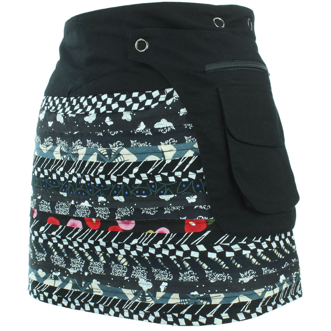 Reversible Popper Wrap Mini Skirt - Black Patch Strips / Kaleidoscope