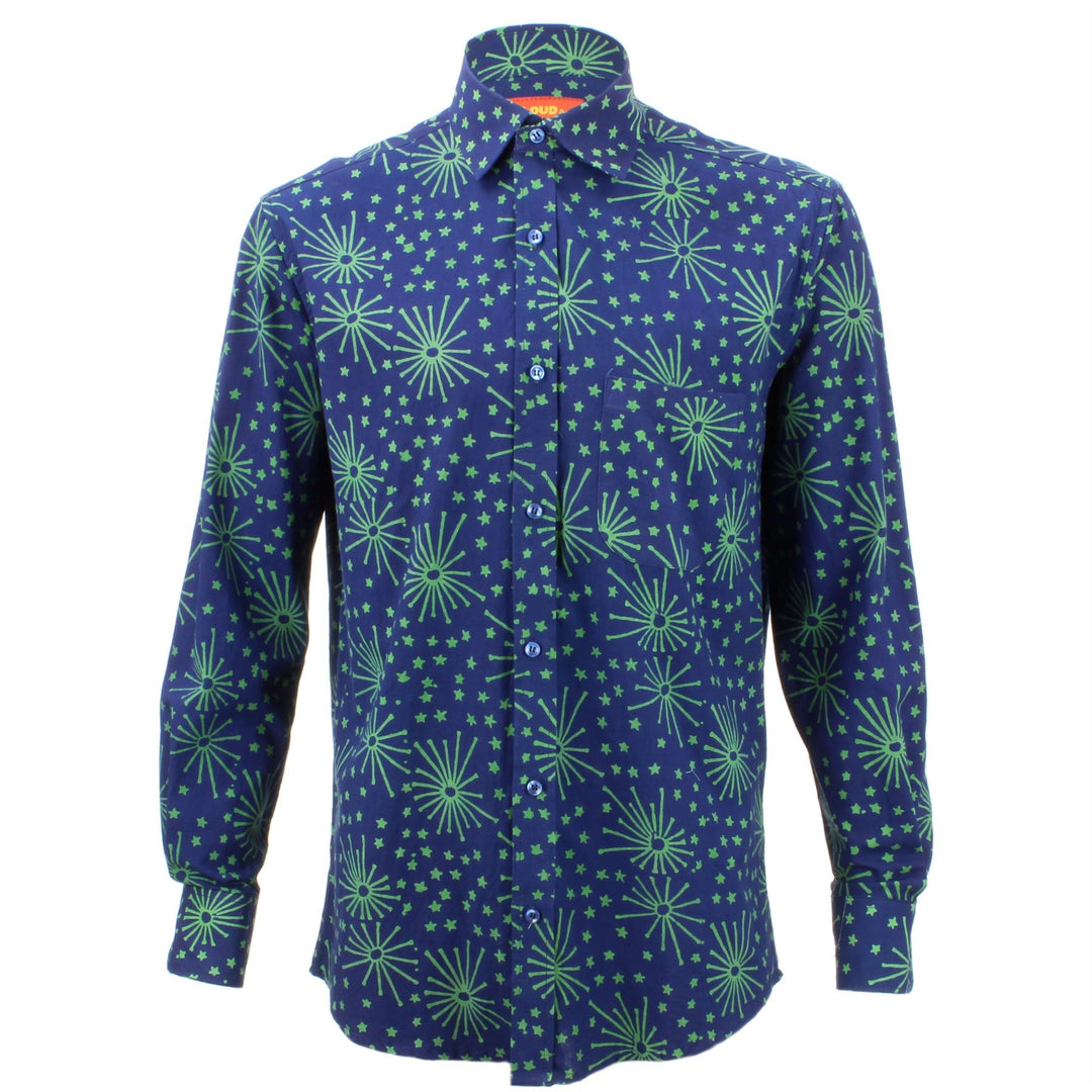 Regular Fit Long Sleeve Shirt - Blue with Green Stars & Fireworks