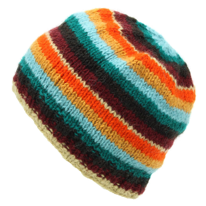 Hand Knitted Wool Beanie Hat - Stripe Retro D