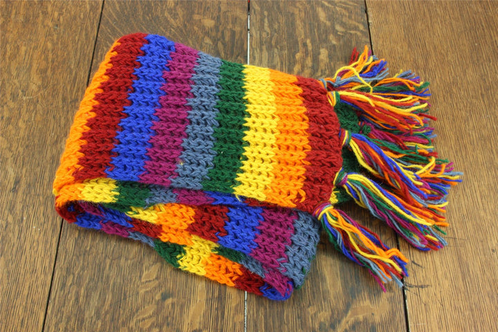 Long Chunky Wool Knit Striped Scarf - Rainbow