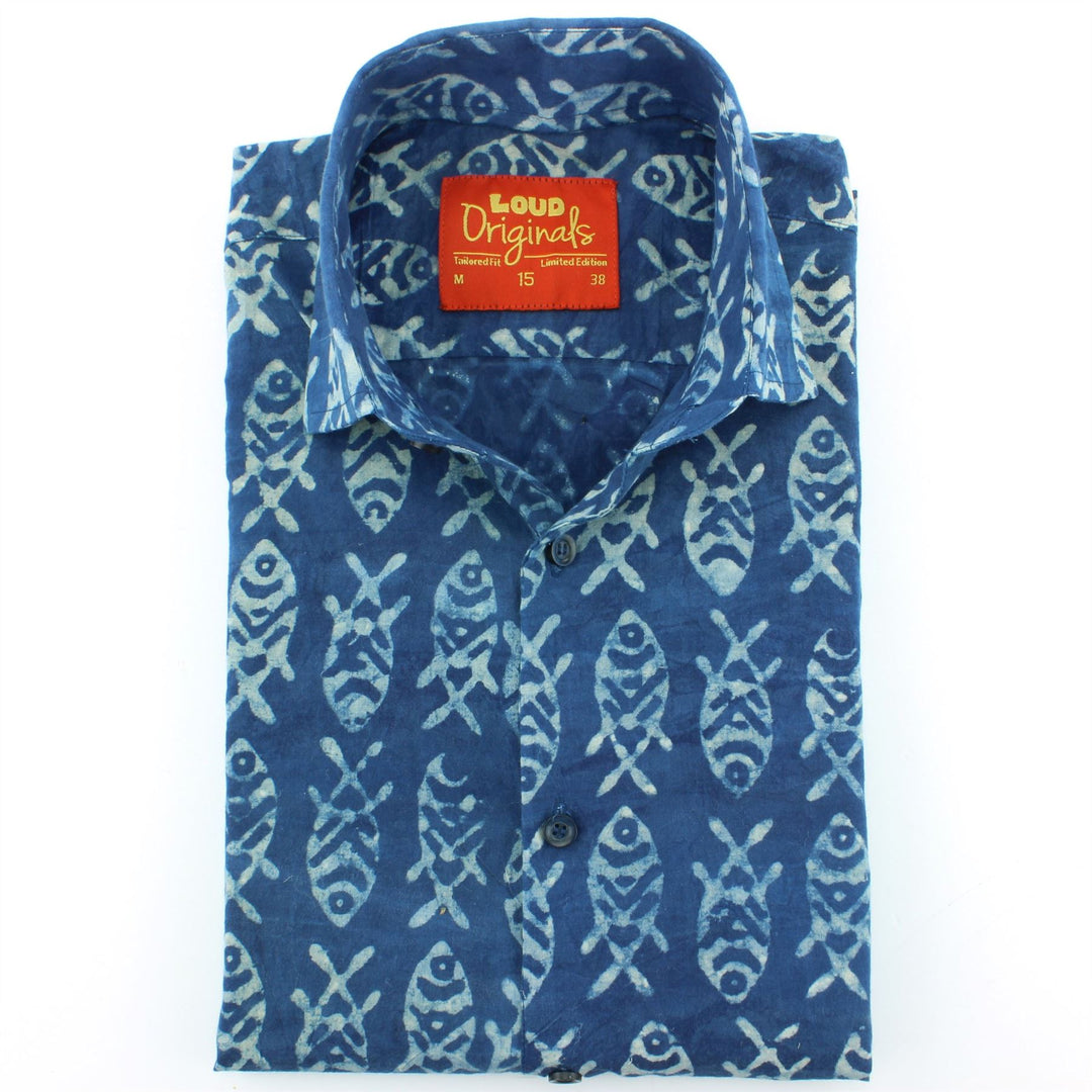 Tailored Fit Short Sleeve Shirt - Block Print - Fish