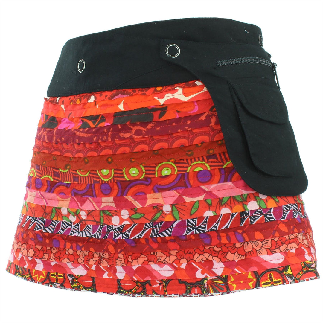 Reversible Popper Wrap Children's Size Mini Skirt - Red Patch Strips / 70s Telephone