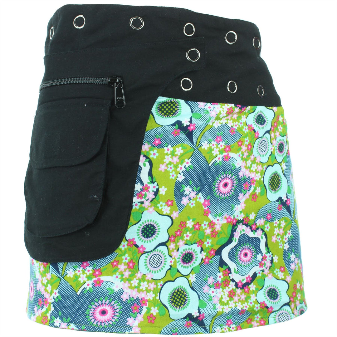 Reversible Popper Wrap Mini Skirt - Green Patch Strips / Floral Oyster