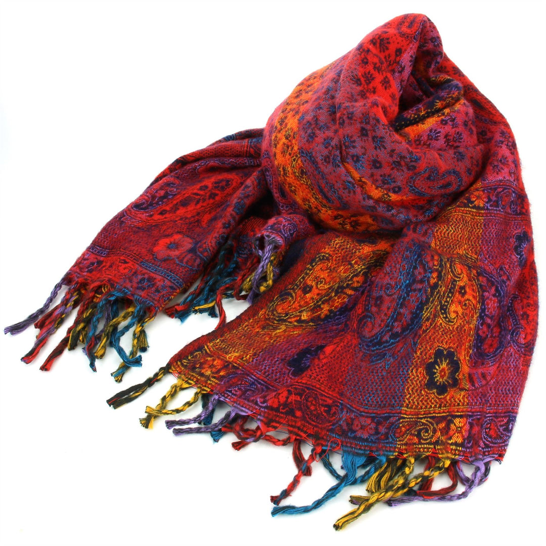 Vegan Wool Shawl Blanket - Paisley Stripe - Red & Pink