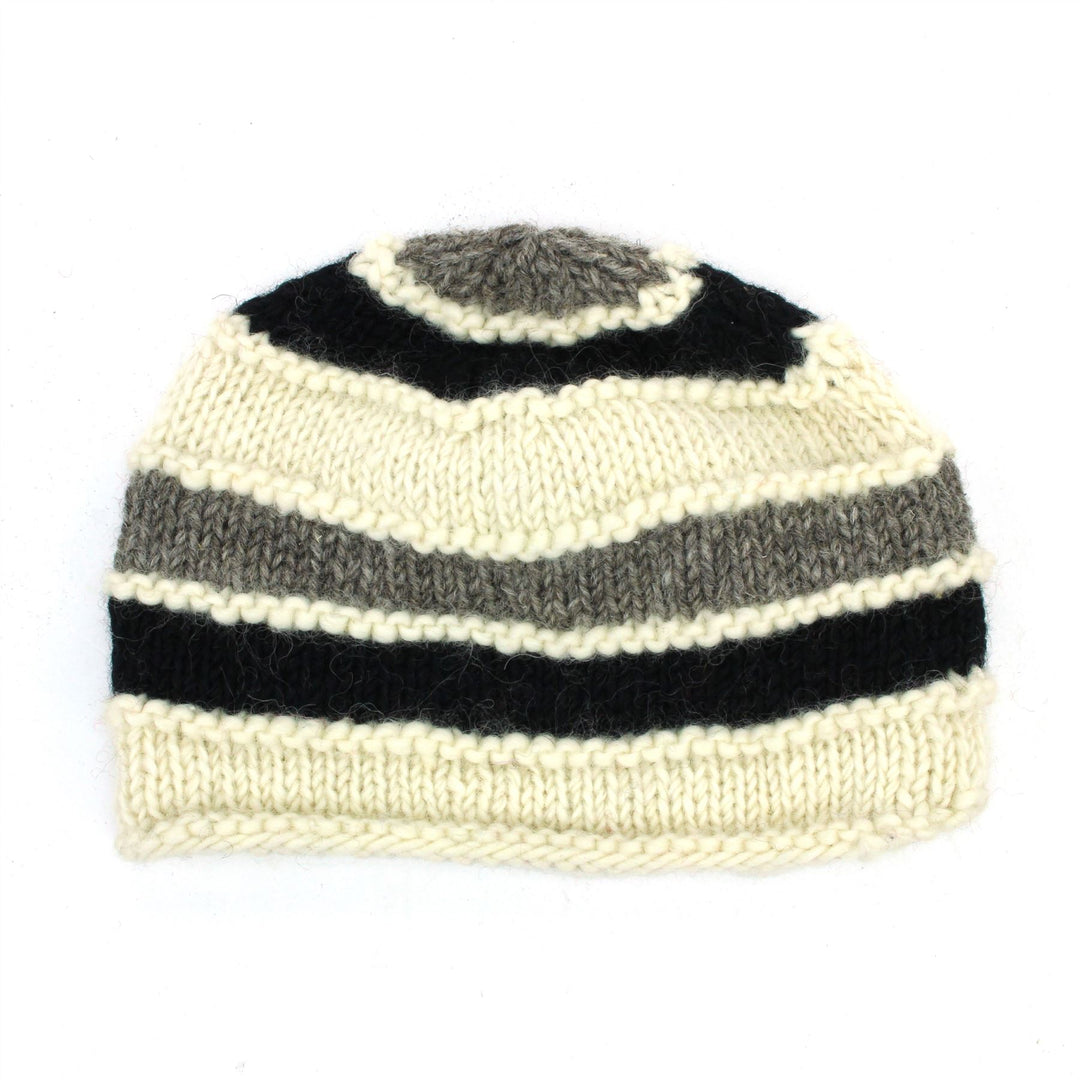 Hand Knitted Wool Beanie Hat - Stripe Cream Black