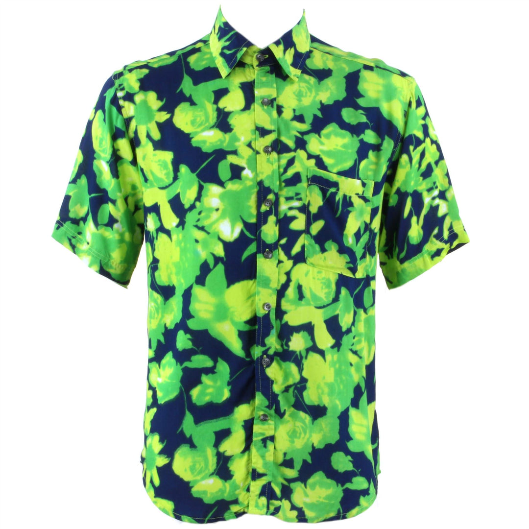 Regular Fit Short Sleeve Shirt - Green Floral on Navy