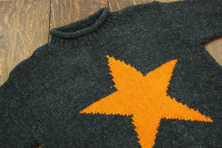 Chunky Wool Knit Star Jumper - Charcoal & Gold