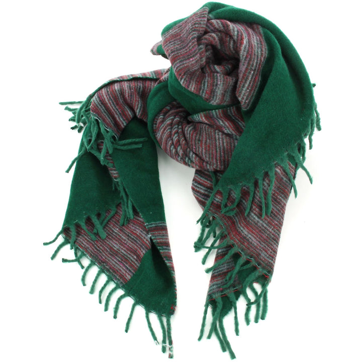 Tibetan Wool Blend Shawl Blanket - Green with Maroon Reverse