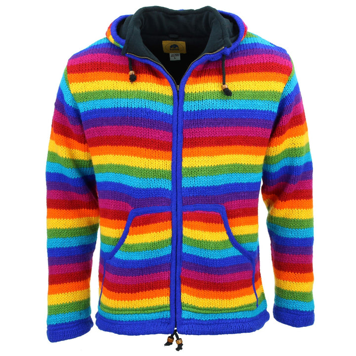 Hand Knitted Wool Hooded Jacket Cardigan - Stripe Bright Rainbow