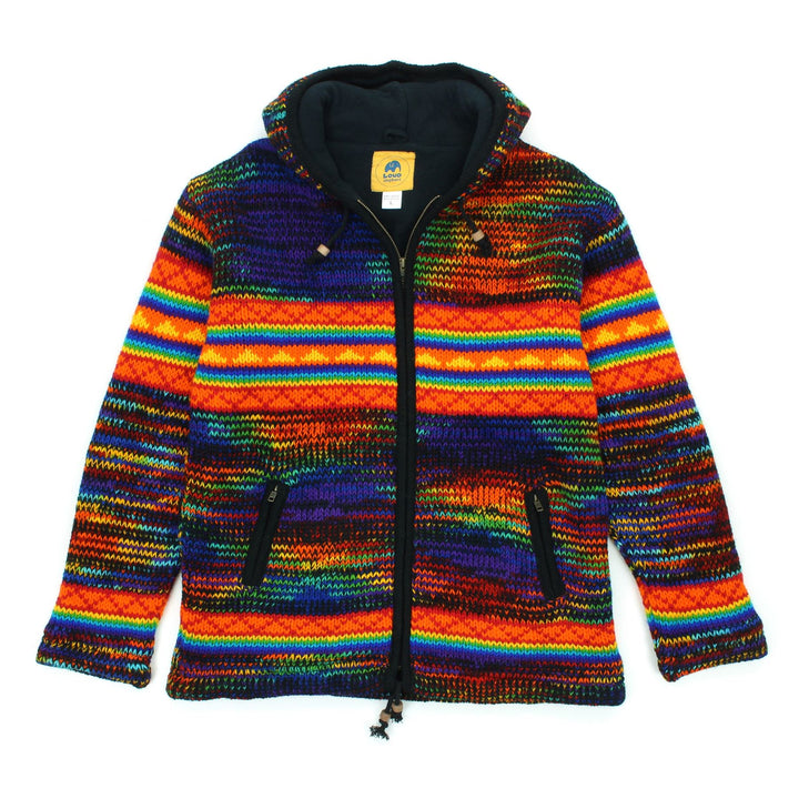 Hand Knitted Wool Hooded Jacket Cardigan - SD Black Rainbow Orange