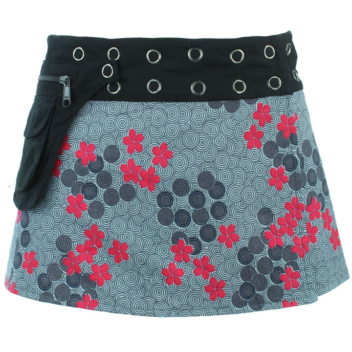 Reversible Popper Wrap Children's Size Mini Skirt - Grey Patch Strips / Spiral Garden