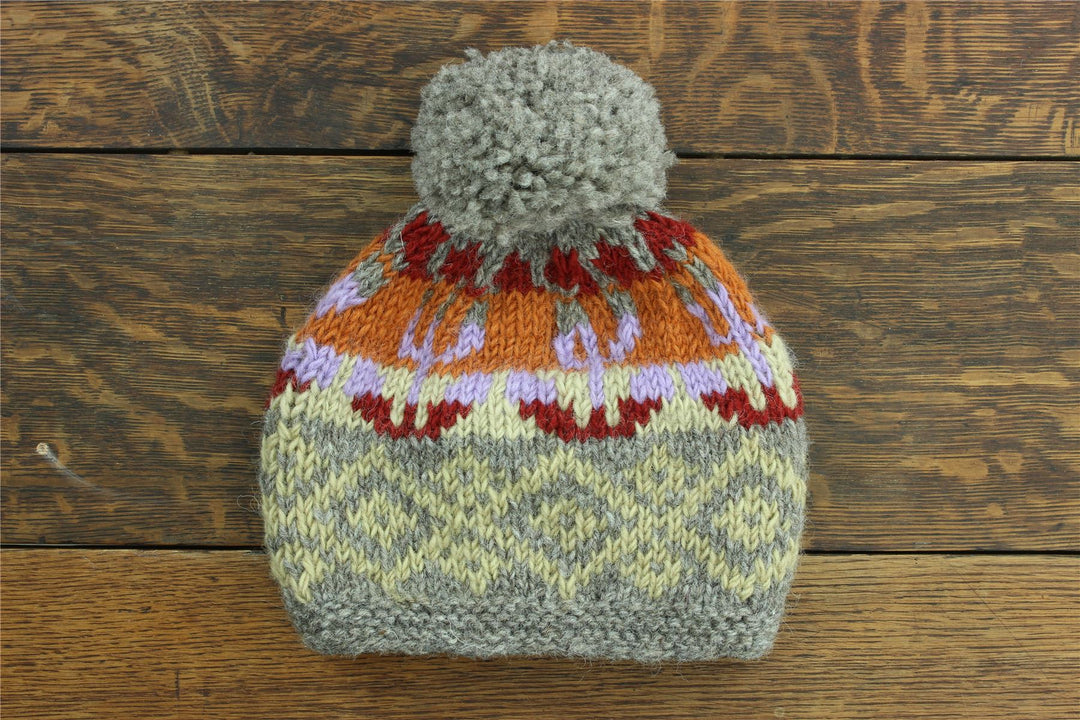 Hand Knitted Wool Beanie Bobble Hat - Grey Orange